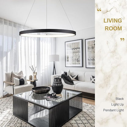 Modern LED Pendant Light Black Ring Chandelier 24" Dimmable Flush Mount Pendant Chandelier for Dinning Room Office Kitchen Living Room,3000-6500K
