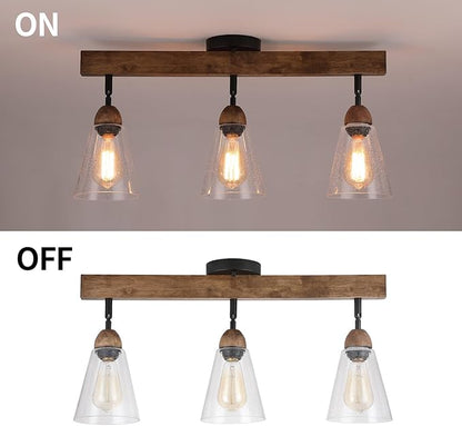 3-Light Large Rustic Farmhouse Wood Flush Mount Ceiling Light Fixture Clear Seeded Glass Shade and Oak Wood Track Semi Flush Mount Ceiling Light for Kitchen Living Room Bedroom Indoor, Black