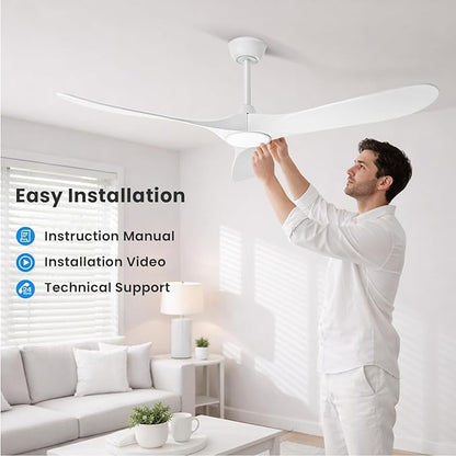heimo 60 Inch White Ceiling Fan with Light and Remote, Wood Outdoor Ceiling Fans with Lights Dimmable for Bedroom Living Dining Room Patios Garage Gazebo Farmhouse Big Dc Reversible Fan