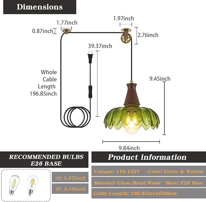 YLONG-ZS Plug-in Pendant Light, Vintage Green Glass Swag Hanging Lamp, Adjustable Pulley Cord, Walnut Stained Solid Wood Base, Mid Century Farmhouse Fixture, No Hardwiring for Kitchen, Dining, Bedroom