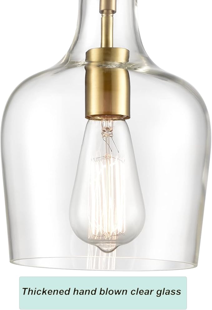HYDELITE Modern Brushed Gold Pendant Light Fixtures Clear Glass Adjustable Cord Hanging Light for Living Room Kitchen Island Chandelier with Bell Shape