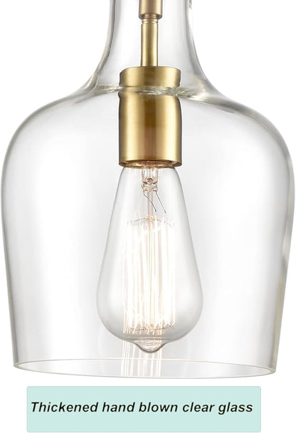 HYDELITE Modern Brushed Gold Pendant Light Fixtures Clear Glass Adjustable Cord Hanging Light for Living Room Kitchen Island Chandelier with Bell Shape