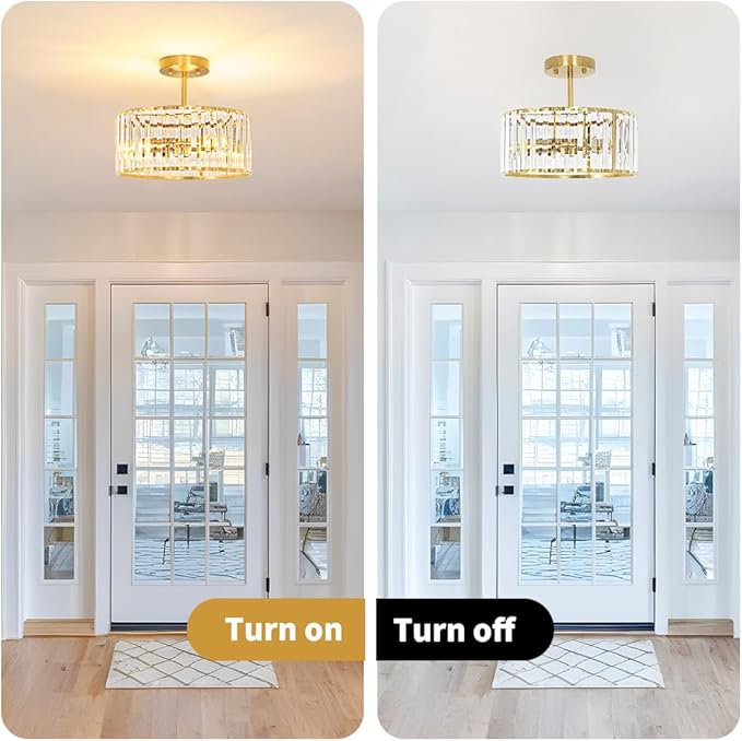 Lxybcce Modern Crystal Ceiling Light, Brushed Gold Semi Flush Mount Ceiling Lighting Fixture, Brass Hallway Light Fixtures Chandelier for Kitchen, Bedroom Dining Room Hallway Closet, 3-Light, 12 Inch