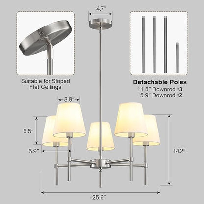 RUIYEY Dining Room Chandeliers Light - 5-Light Brushed Nickel Modern Chandeliers Light Fixtures with White Fabric Shade, Height Adjustable Pendant Island Lights for Entryway Farmhouse