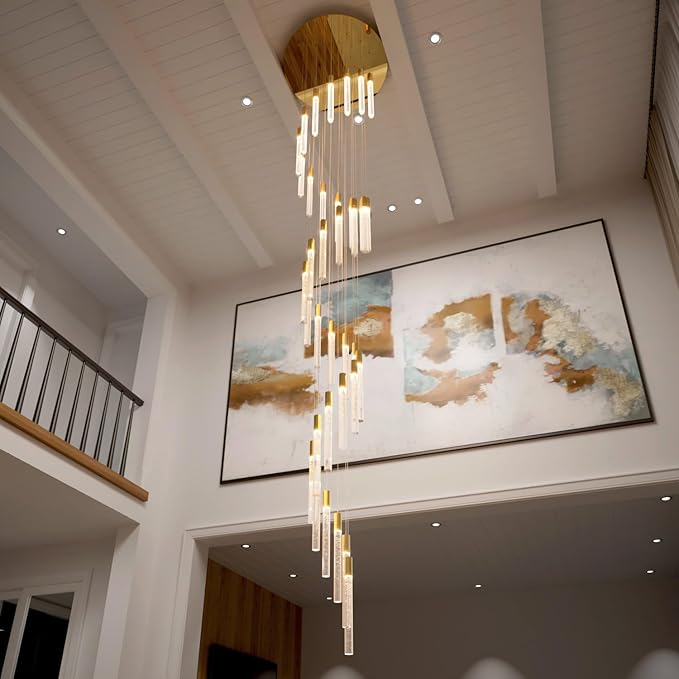 Extra Long Crystal Chandelier for High Ceiling, 36-Light Gold Crystal Column Chandeliers, Modern Dimmable LED Light Fixtures for Foyer, Staircase, Hotel Lobby