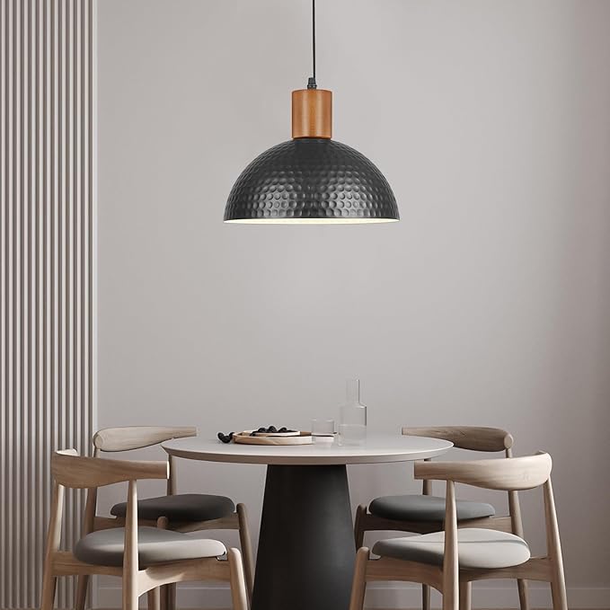 Black Pendant Light, 11.8" Hammered Metal Ceiling Hanging Light Fixture,Solid Wood Dome Pendant Lighting,Modern Industrial Chandelier for Kitchen Island, Dining Table, Restaurant, Farmhouse, Hallway