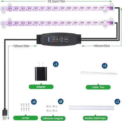 RWNTAO Two Strip Growing Lamp for Indoor Plants, Red & Blue & Yellow Full Spectrum LED Grow Light Strips with Auto ON/Off 3/9/12H Timer,10 Dimmable Levels for Green House Succulent (2 Head 13 in)