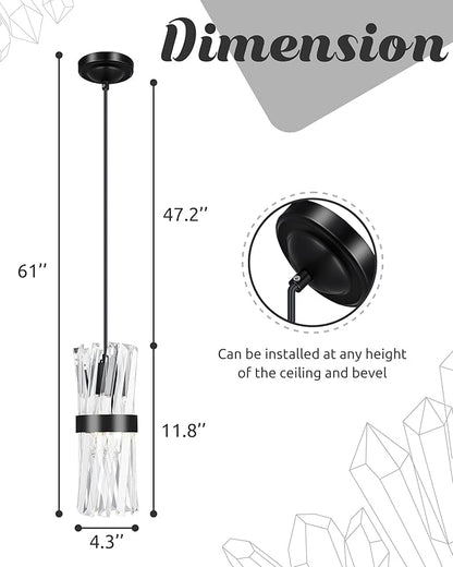 Ken & Ricky Crystal Pendant Light, Modern Black Pendant Light, Adjustable Island Lights for Kitchen Hallway Bathroom Bedroom, Two Style Options, KR3356-1PK