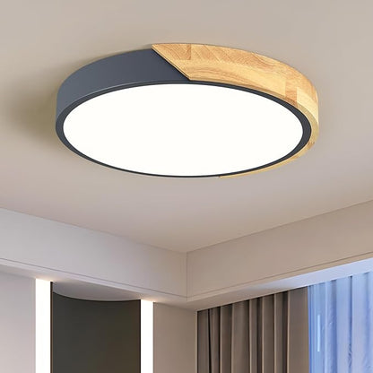 Modern LED Ceiling Light, Minimalist Wood Flush Mount Ceiling Light Fixture, 4000K Not Dimmable, Circle Lighting Lamp with Acrylic Lampshade for Bedroom Dining Room Laundry (Grey, 11.8'')
