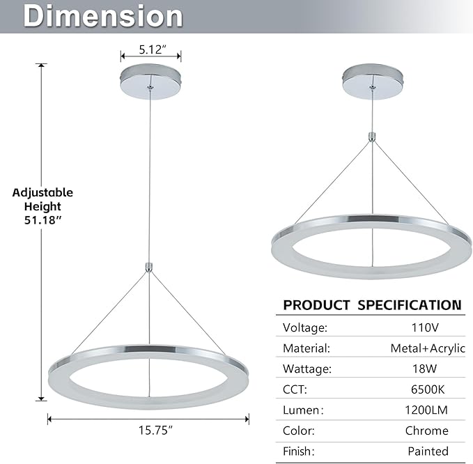 CHYING LED Pendant Lights Kitchen Island, 15.8" 18W Cool White Modern Ring Chandelier, Adjustable Height Silver Hanging Pendant Ceiling Light for Dining Room Bedroom Hallway Entryway, 3000K