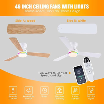 Asyko 46" White RGB Ceiling Fans with Lights and Remote,Low Profile Ceiling Fans with Quiet Reversible DC Motor,Modern Flush Mount Ceiling Fan Light for Bedroom Kids Room