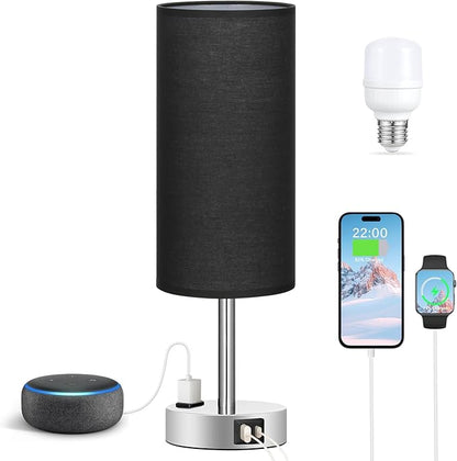 Black Bedroom Table Lamp for Bedside - 3 Way Dimmable Touch Lamp USB C A Charging Ports and AC Outlet, Small Desk Lamp for Nightstand for Living Room with Silver Base, Office Desk, LED Bulb Included