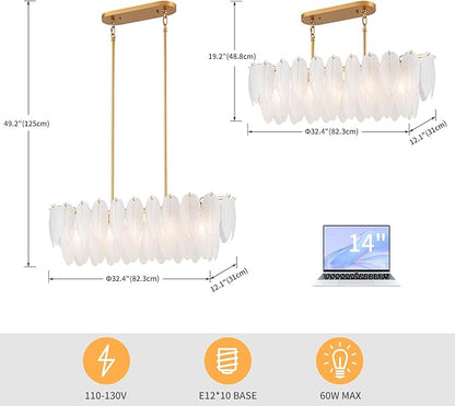 LumFurn 10-Light Glass Linear Chandeliers, Modern Design Island Light Fixture for Dining Room, Kitchen Island, L32xW12xH19~50 Inch(Adjustable Height), Glass Feather Shade & Brass Finish