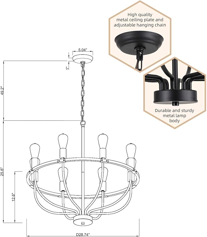 AMZASA 8 Lights Black Industrial Candle Chandelier Light Fixture for Dining Room Bedroom Living Room Kitchen Foyer UL Listed