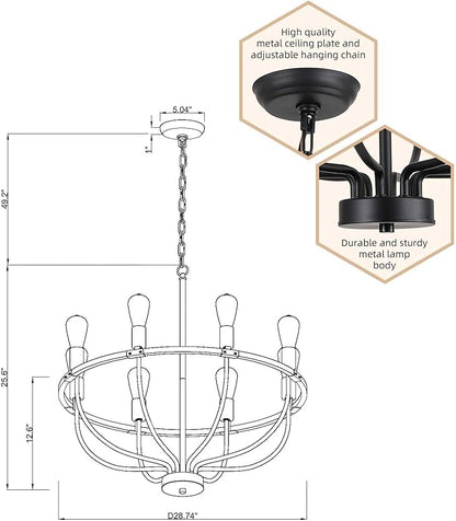AMZASA 8 Lights Black Industrial Candle Chandelier Light Fixture for Dining Room Bedroom Living Room Kitchen Foyer UL Listed