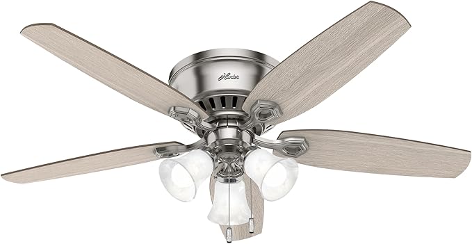 Hunter 52 inch Indoor Ceiling Fan with LED Lights - Ceiling Fan with Pull Chain, For Bedroom, Living Room, or Kitchen, Low Profile Flush Mount, No Remote, 5 Blades - Builder 51112, Brushed Nickel