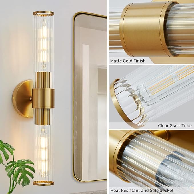 Gold Bathroom Light Fixtures 2 Pack, Vanity Lights for Mirror with Threaded Glass Shade, 20 Inch Up and Down Wall Sconces for Bathroom Bedroom Living Room Hallway - Bulb Not Included