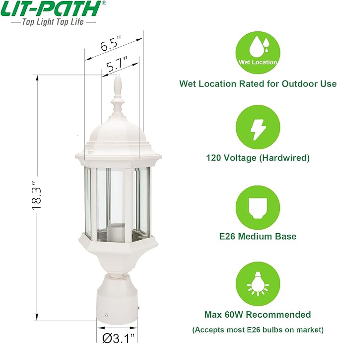 LIT-PaTH Outdoor Post Lighting Fixture Pole Lantern, E26 Medium Base Max 60W, Aluminum Housing Plus Glass, 2-Pack, White Finish
