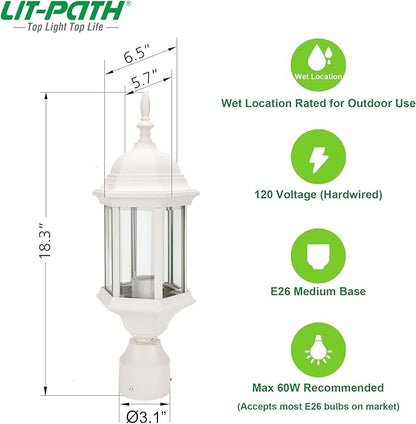 LIT-PaTH Outdoor Post Lighting Fixture Pole Lantern, E26 Medium Base Max 60W, Aluminum Housing Plus Glass, 2-Pack, White Finish