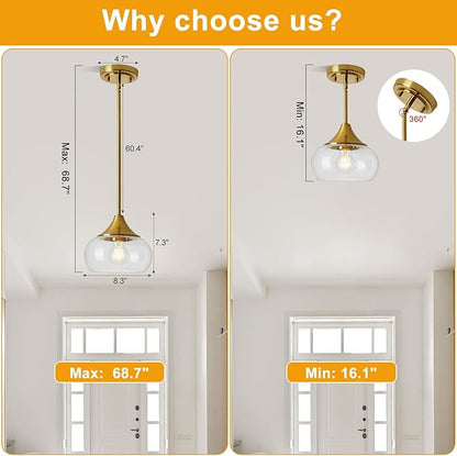 2 Pack Pendant Lights Kitchen Island, Modern Gold Pendant Light Fixtures with 8.5" Clear Glass Shade, Industrial Hanging Pendant Lights for Kitchen Island Dining Room Bedroom Hallway Entryway