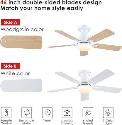 Mpayel 46 Inch Ceiling Fans with Lights and Remote, White Ceiling Fan with Light Flush Mount, Low Noise, Reversible, Dimmable, Modern Low Profile Ceiling Fan with Light for Bedroom Indoor Outdoor