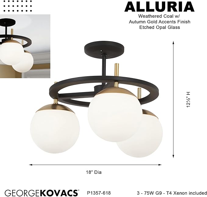 GEORGE KOVACS P1357-618 Alluria Semi-Flush, 3-Light, 225 Total Watts, 12.5-in H x 18-in W, Weathered Black with Autumn Gold