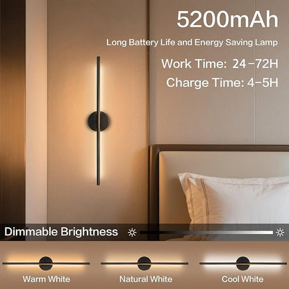 Rechargable Wall Sconce Set of Two, Modern Wireless USB Sconce Lights with Remote, 28.35Inch Dimmable Indoor Home Wall Decor Lights for Bedroom, Living Room, Hallway (Black/Round)