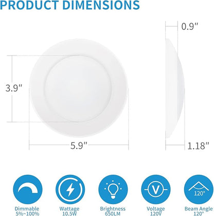ECOELER 4 Inch LED Disk Light, Dimmable Flush Mount Ceiling Light, 10.5W 650Lm, 3000K Warm White, Aluminum Baffle Trim, Wet Location, ETL&Energy Star, 4Pack