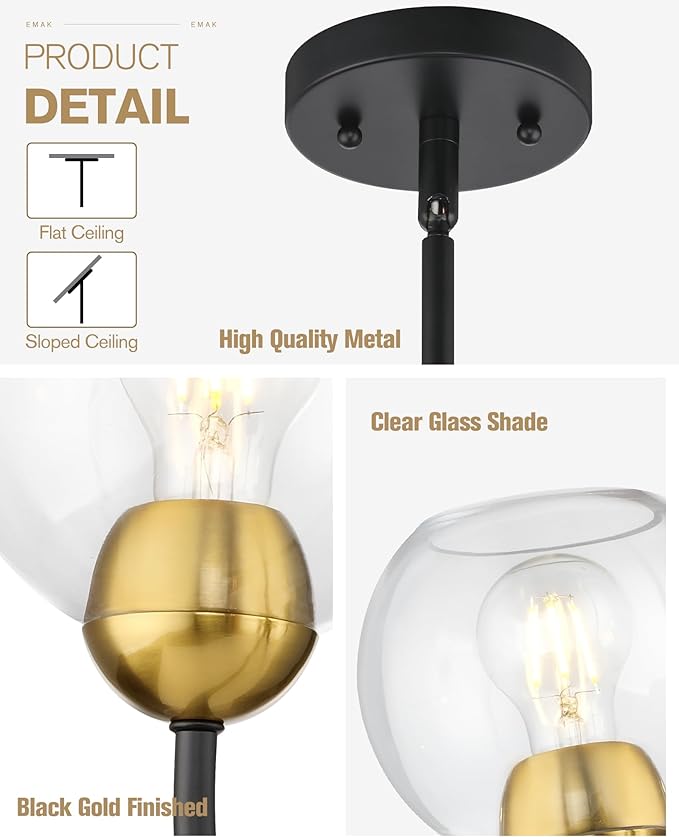 Emak 3-Light Black and Gold Dining Room Chandeliers, Modern Pendant Lights with Globe Glass Shade, Farmhouse 20 Inch Chandelier for Living Room, Entryway, Bathroom, Bedroom, Kitchen, CH114-BKBGD-CG-3