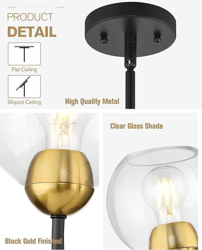 Emak 3-Light Black and Gold Dining Room Chandeliers, Modern Pendant Lights with Globe Glass Shade, Farmhouse 20 Inch Chandelier for Living Room, Entryway, Bathroom, Bedroom, Kitchen, CH114-BKBGD-CG-3
