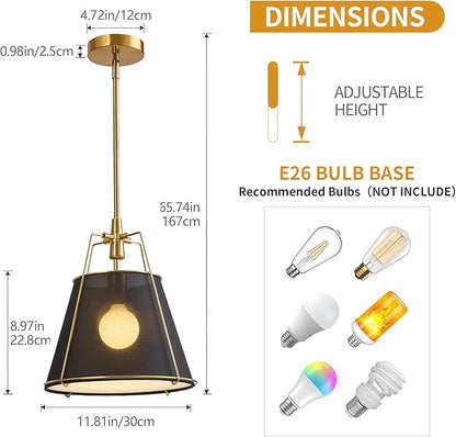 Modern Pendant Light Fixtures with 13" Black Linen Fabric Shade, Adjustable Hanging Light Fixture,Drum Gold Vintage Chandelier for Kitchen Island Bedroom Dining Room Foyer Entryway