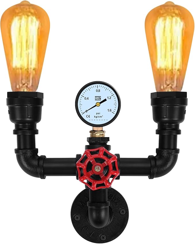 XEYOU Retro Wall lamp Vintage Industrial Steampunk Wall Sconce 2 Lights Metal Water Pipe Wall Mounted Light Fixture E26 Edison Bulb for Cafe Bar Restaurant Bedroom Livingroom
