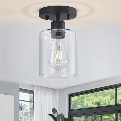 1 Light Semi Flush Mount Ceiling Light Black Kitchen Lighting Fixtures Ceiling Light Fixtures Small Hallway Lights with Clear Glass Shade for Bedroom Set of 2