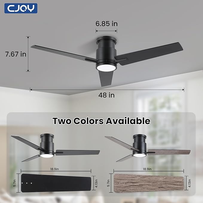CJOY Ceiling Fan with Lights, 48 Inch Low Profile Ceiling Fans with Light and Remote, Reversible DC, Flush Mount, 3CCT，Dimmable, Modern Indoor/Outdoor Design for Bedroom, Living Room, Patio, Kitchen