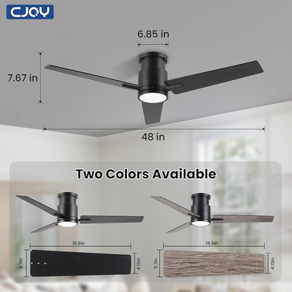 CJOY Ceiling Fan with Lights, 48 Inch Low Profile Ceiling Fans with Light and Remote, Reversible DC, Flush Mount, 3CCT，Dimmable, Modern Indoor/Outdoor Design for Bedroom, Living Room, Patio, Kitchen