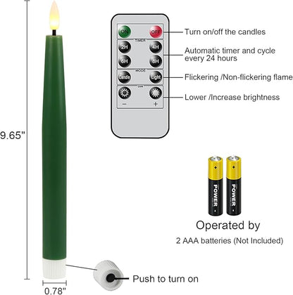 GenSwin Flameless Taper Candles with Remote Timer, Real Wax LED Flickering Candlesticks Battery Operated 3D Wick for Wedding, Party, Home(Christmas Green, 9.84", Set of 3)