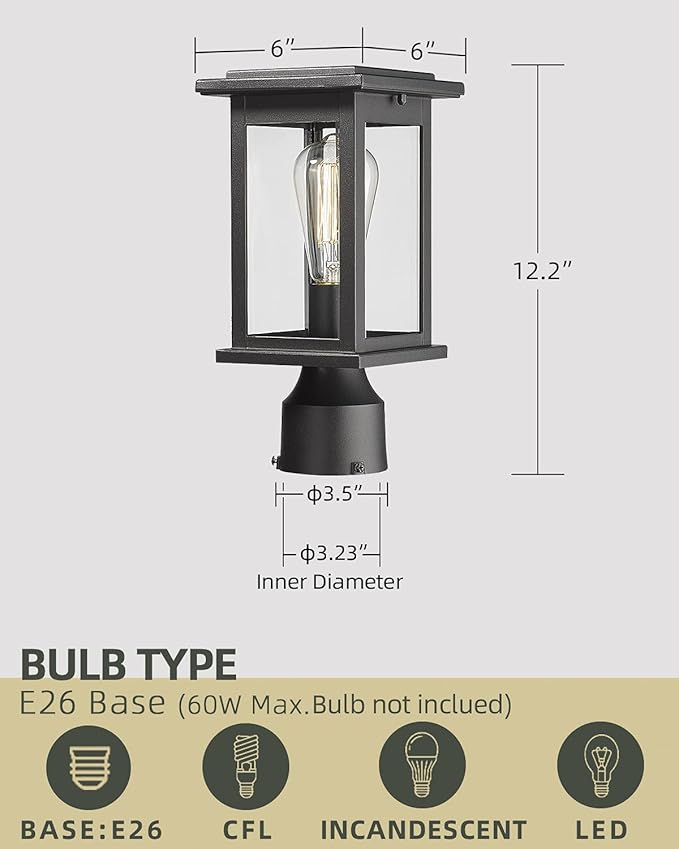 Outdoor Post Light Fixtures, HWH Exterior Pillar Lantern Pole Lamp in Matte Black Finish with Clear Glass Shade, 5HD37P BK