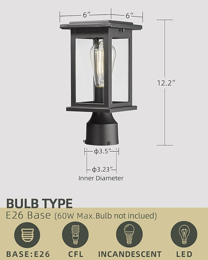 Outdoor Post Light Fixtures, HWH Exterior Pillar Lantern Pole Lamp in Matte Black Finish with Clear Glass Shade, 5HD37P BK
