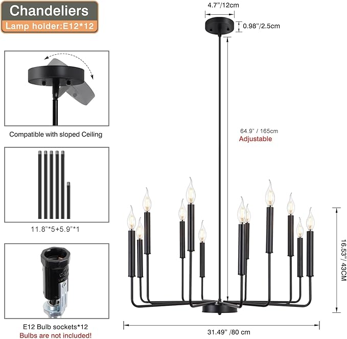 Yiisem Modern Farmhouse Black Chandelier, 12-Light Rustic Candle Chandelier, Industrial Hanging Chandeliers for Dining Room, Living Room, Kitchen, Foyer, Entryway