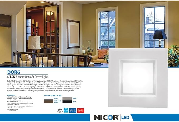 NICOR Lighting 6 inch White Square LED Recessed Downlight in 2700K (DQR6-10-120-2K-WH-BF)