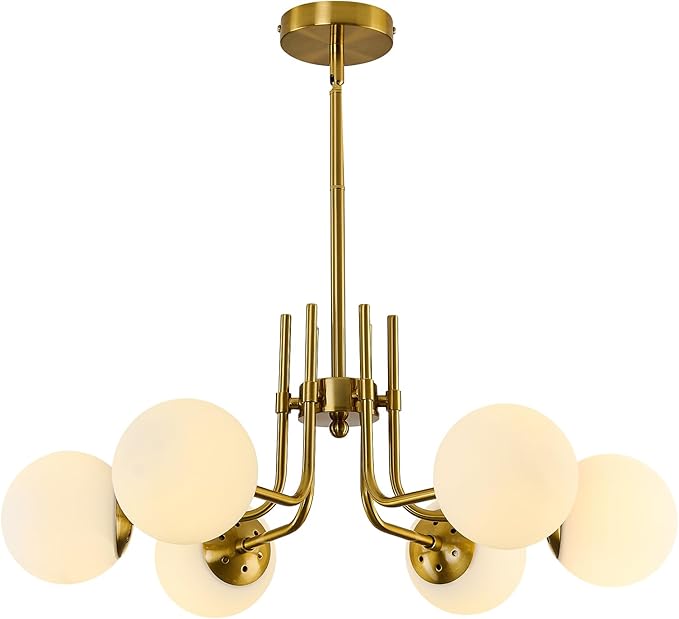 hesoge 6 Light Modern Sputnik Chandelier with Milk White Glass Globe Mid Century Gold Pendant Light Semi Flush Mount Ceiling Light Fixture for Dining Room Living Room Kitchen Entryway.