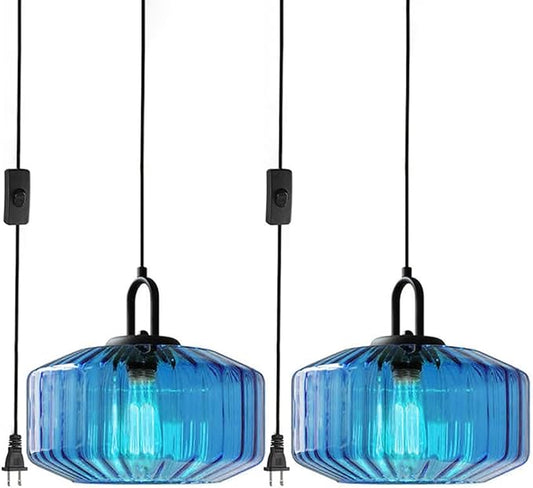Plug in Glass Pendant Light Corded Pendant Light with Plug in Cord Large Glass Hanging Lamp Plug in Ceiling Pendant Lights Stripe Blue Light Fixtures for Kitchen Sink Living Room