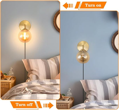 Modern Gold Plug in Wall Light, Wall Light Fixture with Amber Glass Shade, Elegant Brass Sconces Wall Decor Set of 2, Wall Sconce Light with Plug in Cord for Bedroom Hallway Reading