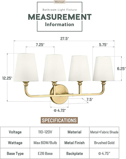 4-Light Bathroom Light Fixtures, Brushed Gold Vanity Lights with Flared Beige Fabric Shade, 28 Inch Wall Sconce, Vintage Sconces Wall Lighting for Hallway Bedroom, VL837-BG-B-4