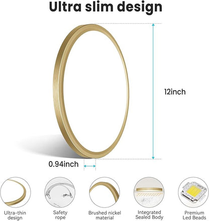 libtit 12 Inch LED Ceiling Light Golden, 28W 3200lm Aureate Flush Mount Ceiling Light, 3 Color Temperature 3000K/4500K/6000K, Gilded Round Flat Light Fixture for Kitchen Bathroom Shower, 2Pack
