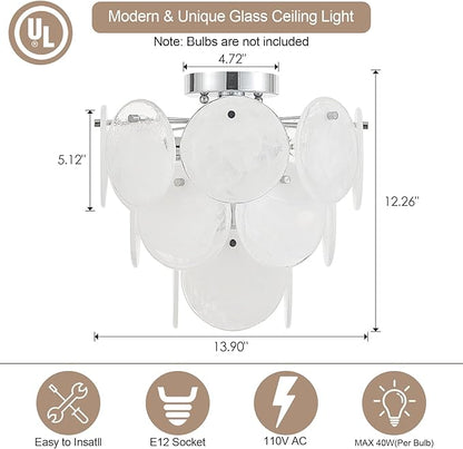 Modern Flush Mount Glass Ceiling Light Chrome Finish, Hallway Lights Vintage Chandelier, 4-Light Unique Light Fixture for Bedroom Entryway Kitchen