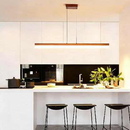 39" Modern Linear Pendant Light Dimmable LED Ceiling Hanging Light Fixtures Woodgrain Linear Chandelier with Adjustable Height for Kitchen Island Dining Room 3000K