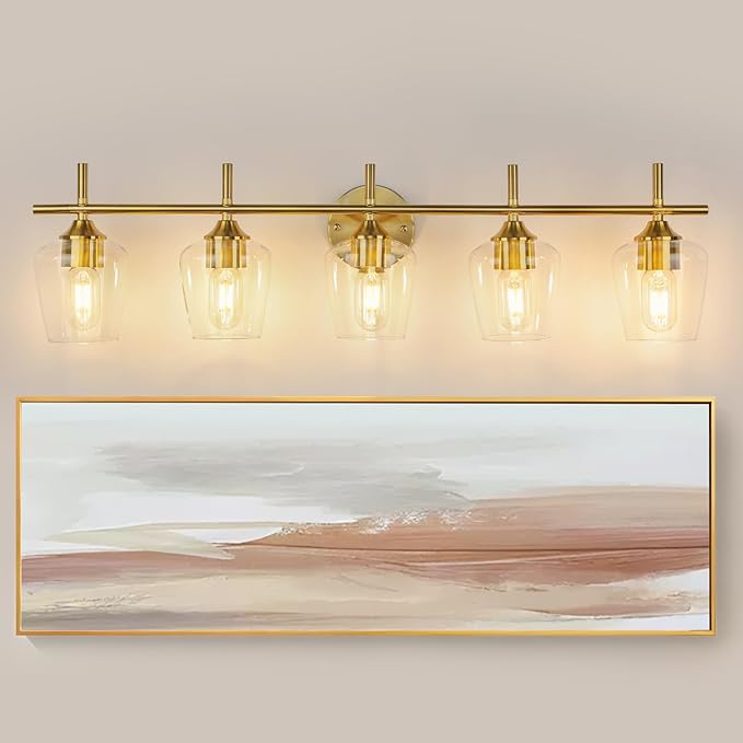 Bathroom Vanity Light, 5-Light Brushed Gold Modern Bathroom Light Fixtures with Clear Shades, Vanity Lighting Fixtures Over Mirror (Exclude Bulb)