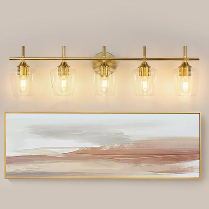 Bathroom Vanity Light, 5-Light Brushed Gold Modern Bathroom Light Fixtures with Clear Shades, Vanity Lighting Fixtures Over Mirror (Exclude Bulb)