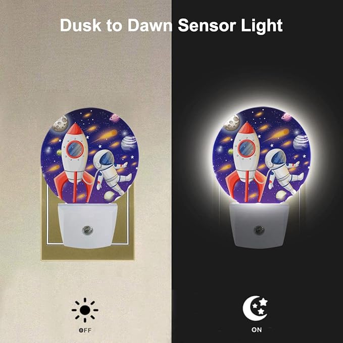 EKOBLA Astronaut Plug-in Night Light, Space Rocket & Planet Cartoon LED Nightlight with Auto Sensor for Boys Bedroom